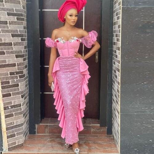 Aso Ebi Mermaid Prom Dresses Pink Off Shoulder Lace Evening Dress African Ruffles Appliques Ankle Length African Party Vestidos