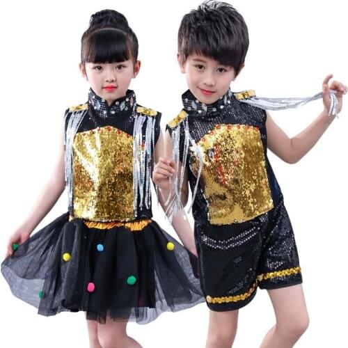 Children Sequins Jazz Dance Costumes Set Stage Boy Girl Hip-hop Dance Performance Costumes Children Modern Dance Jazz Dancewear