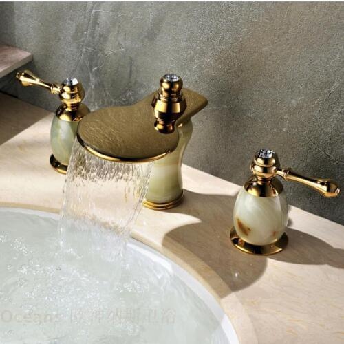 European antique marble double the three-hole waterfall natural jade gold-plated copper basin taps full eight inches