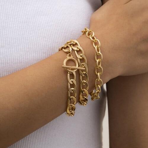 European and American simple retro jewelry with geometric hollow thin chain punk OT buckle three-piece bracelet for female