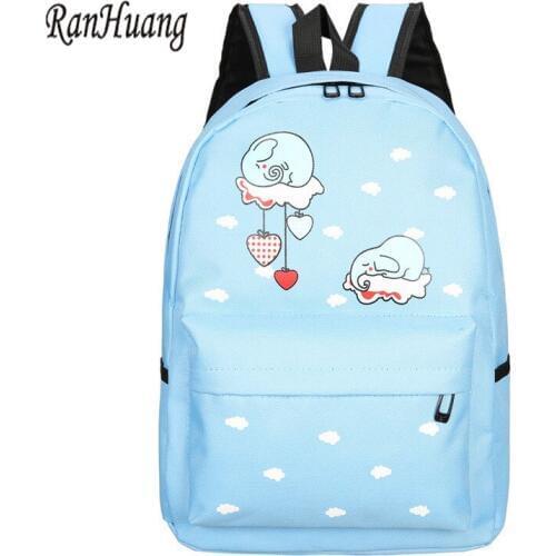 RanHuang Women Canvas Backpack Cartoon Elephant Printing Backpack Cute School Bags For Teenage Girls Pink Blue mochila feminina