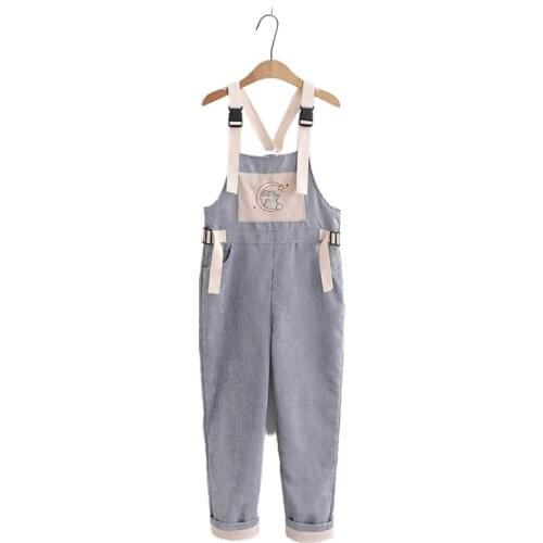 Cartoon Embroidery Cute Women Jumpsuits 2021 Autumn Sweet Ladies Cotton Playsuits Front Pocket Cute Bf Bib Ankle Length Pant