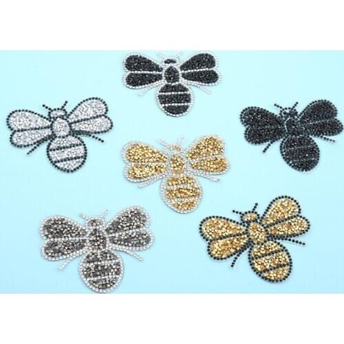 3Pcs Bee Embroidery Hotfix Patches for Clothing By Diamond Rhinestones Black Iron on Stick Applique Jersey