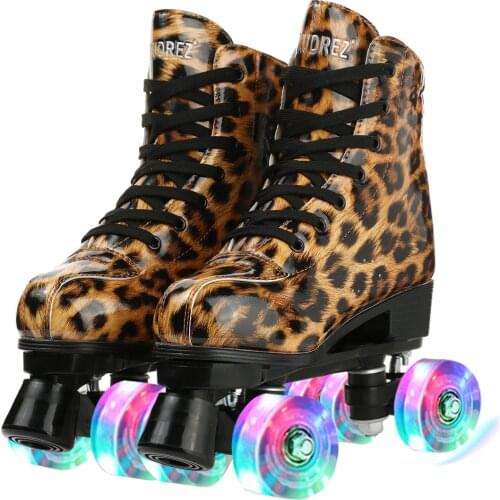Leopard Women Men 4 Choices Pu Leather Roller Skates Outdoor Beginner 2 Row Adult 4 Wheels Skating Shoes Sliding Quad Sneakers