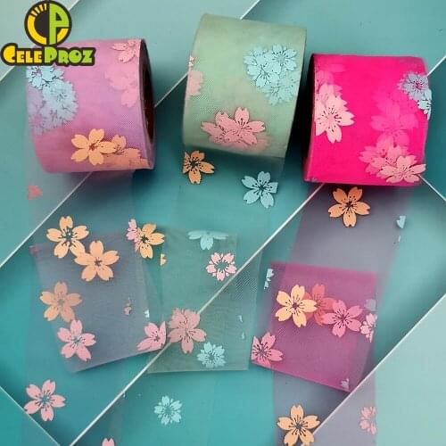 Flower Tulle Colorful Cherry Blossoms Printed Mesh Ribbon 6cm 8cm 15cm Organza Fabric DIY Headbands Weddding Birthday Gift Wrap