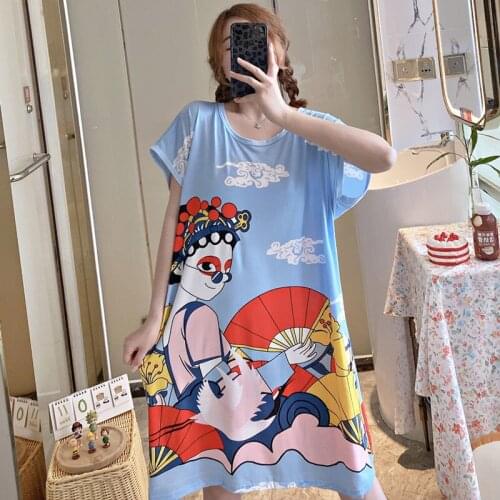 Summer Cartoon Pattern Woman Sleepshirt Sleepwear Cute Sleep Shirt Printed Night Dress Short Sleeve Nightwear Lounge Sleep Shirt