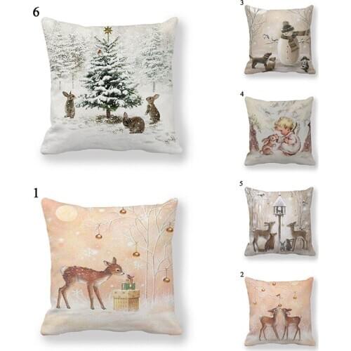 Linen Cushion Cover Deer Rabbits with Snowan Decorative Pillow Cases 45x45cm for Living Room Sofa Couch Home Christmas Decor