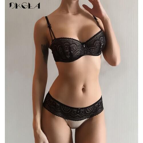 Fashion Black Bra Set Half Cup Plunge Thin Brassiere Women Bras Sexy Underwear Sets Cotton Embroidery Lace Lingerie Set Green