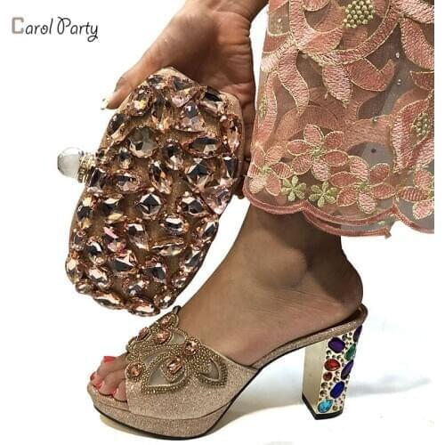 Fashion Peach Color Woman Sandals Shoes And Bag Set Italian Style Woman Shoes And Matching Purse Set For Party