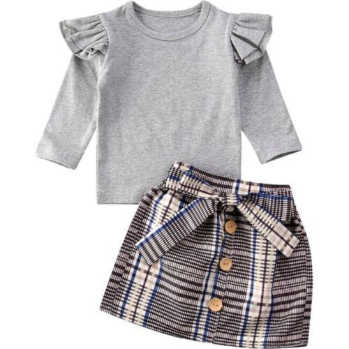 New 2020 Kids Baby Girls Spring Autumn Winter Clothes Fly-Sleeve Tops + Plaid Dress 2PCS Outfit Set