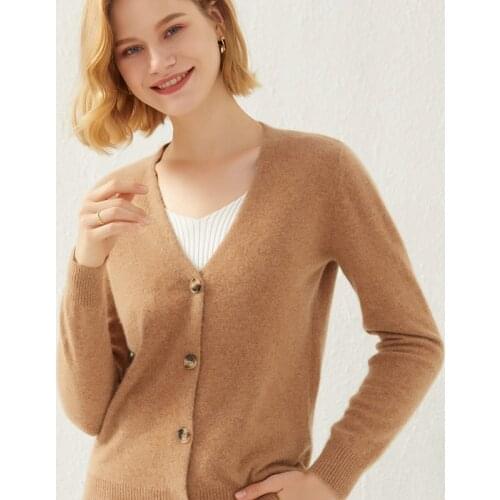 LHZSYY Spring and Autumn new knitted Cardigan 100% Pure Wool Cardigan Womens short Pure color Cashmere Sweater