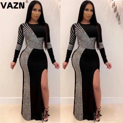 VAZN 2020 Spring New Solid Sequin Sexy Style Sexy Women Skinny Floor Dress Lady Shirt O-Neck Long Sleeve High Street Long Dress