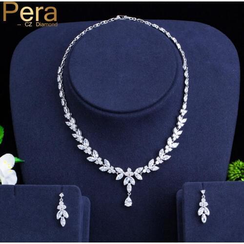 Pera Elegant Bridal Prom Party Jewelry Big Leaf Shape Cubic Zirconia Setting Long Pendant Necklace and Earrings for Women J144