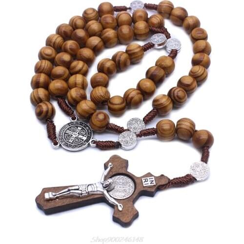 Rosary Necklace Fashion Handmade Round Bead Catholic Rosary Cross Religious Wood Beads Men Necklace Charm Gift Au13 20 Dropship