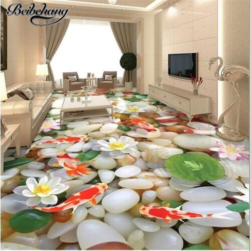 Beibehang Custom floor decoration painting 3d three-dimensional pebbles 3D lotus carp floor living room self-adhesive flooring