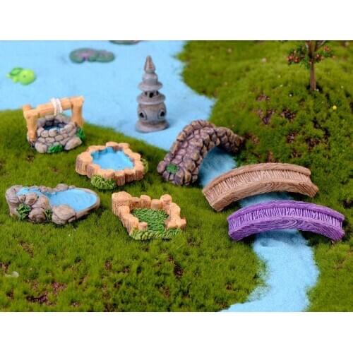 Scene Decoration Antique Resin Micro Landscape Retro West Lake Lighthouse Water Well Pool Small Bridge Flowing Grass Stone craft
