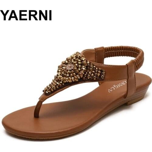 YAERNI Sandal women wedge heel new summer flip-toe rhinestone large size womens shoes simple beach vacation Roman shoes