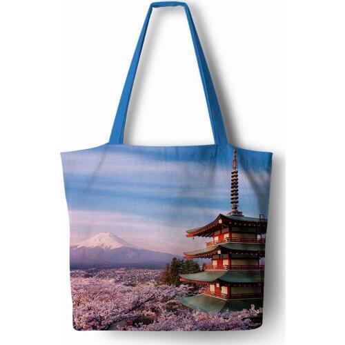 Mount Fuji painting Handbag Linen polyester women shopping Tote Home Storage with Casual Traveling Beach Bag