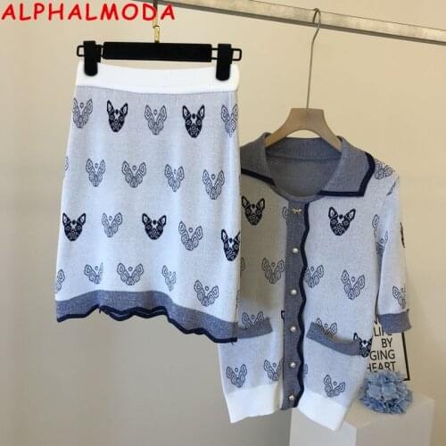 ALPHALMODA 2021 Summer European American Fashion Cat Gradual Change Knitted Jacket + Mini Skirt 2pcs Fashion Suit