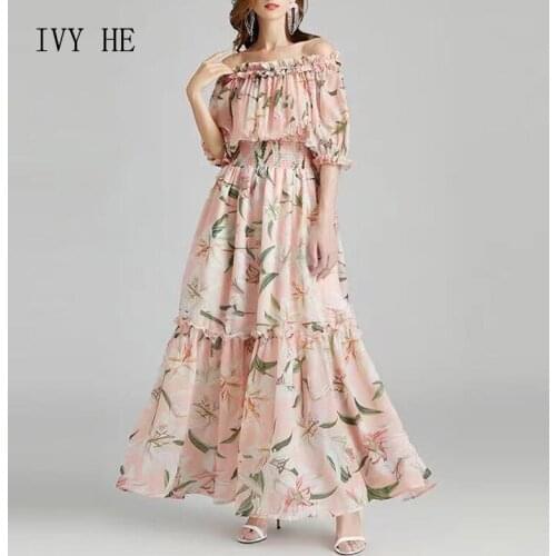 IVY HE Summer Womens Dress 2021 New Pattern Sexy Off The Shoulder Slash Neck Tulips Printing Elastic Waist Rubber Band Dresses