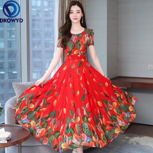 2021 New Summer Womens Dress Fashion Pure Cotton Silk Dresses Mother Oversize Printed Ethnic Style Long Female Sundress Dresses