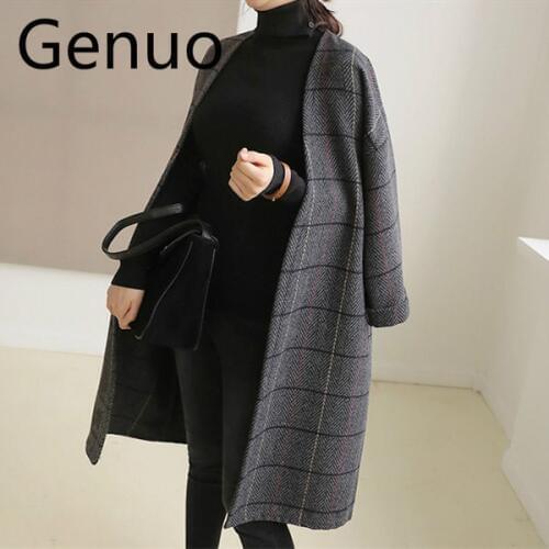 UK Women Woolen Coat Autumn Winter Cassic Simple Long Plaid Cardigan Coat Trenchcoat Wool Coat All Match Vintage Plus Size