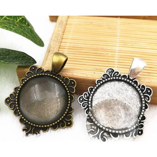 10 sets/lot Metal Antique bronze/Silver cameo cabochon 20mm Base Setting Pendant Tray + Clear Glass Cabochons Jewelry Findings