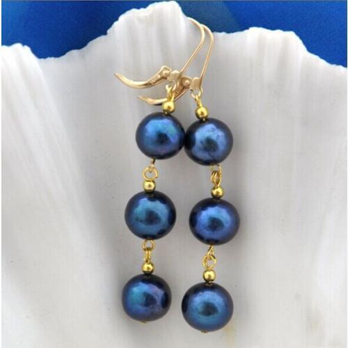 10mm black fresh water round pearl dangle earring