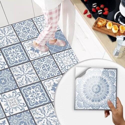 10pcs Gray & Blue Retro Tiles Wall Sticker Kitchen Backsplash Wardrobe Wall Decals Oil-proof Peel & Stick Ceramics PVC Wallpaper