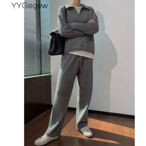 YYgegew 2 Pieces Set Women oversize Tracksuit Sweater Pullover straight pants Sweater Set CHIC Knitted Outwear sweater suit