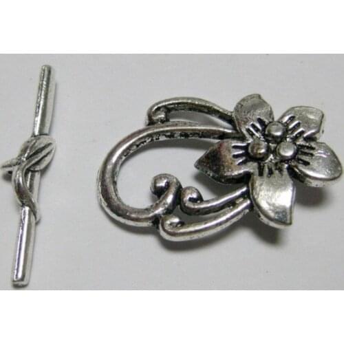 20 Sets Tibetan Silver Tone Flower Toggle Clasps 20X30mm
