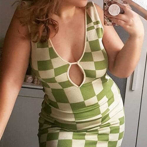 2021 Summer Y2K Bodycon Dress Women Midi Knit Sleeveless Hollow Out V Neck Sexy Casual Green Beach Dresses