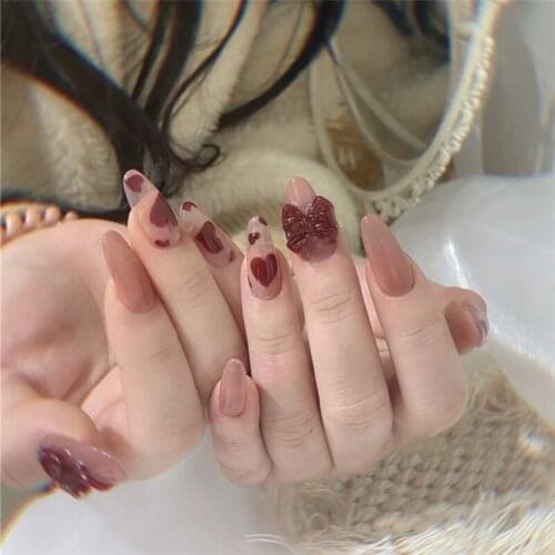 24pcs Love Heart Printed Nail Patch Glue Type Removable Long Paragraph Fashion Manicure Save Time False Nail Patch Fake Nails