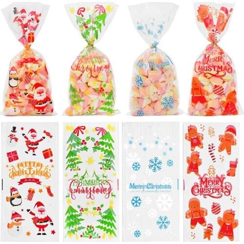 50PCS Merry Christmas Plastic Candy Bags Snowflake Xmas Tree Candy Cookie Bag Transprant Gift Packaging Christmas Party Supplies