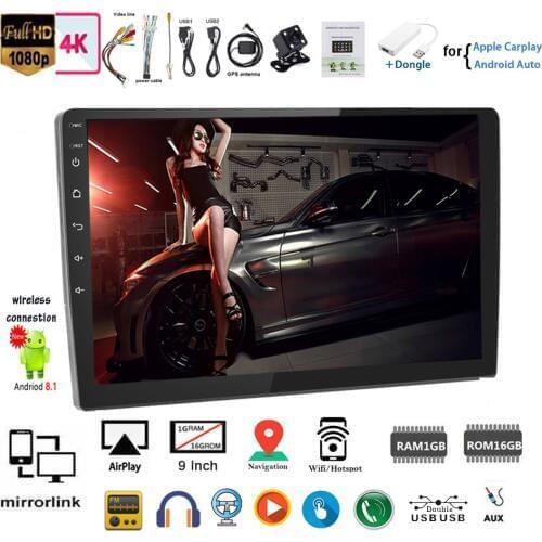Autoradio 9''2 Din MP5 Player GPS Wifi Mirror Link HD Touch Screen with Dongle+Cam Siri Carplay In-dash for Android BT Airplay