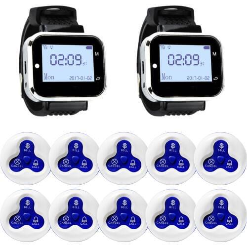 JINGLE BELLS Wireless Calling System 10 Calling Buttons 2 Watch Pager for Restaurant cafe bar Wireless Service Call Bell pager
