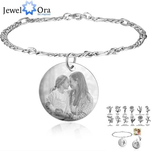 JewelOra Personalized Birth Flower Bracelets for Women Stainless Steel Custom Photo Engraved Names Chain Bracelet Gifts for Her