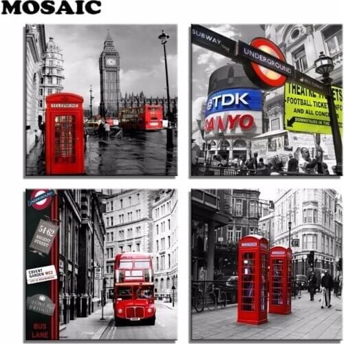British Vintage bus red phone booth 5d mosaic DIY Diamond Painting full square round Cross Stitch Diamond Embroidery 4pcs Decor