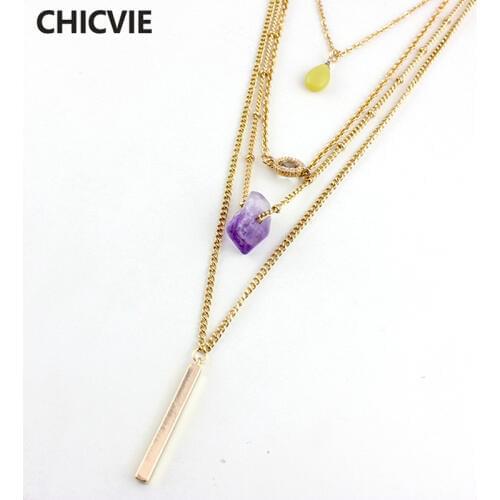 CHICVIE Multilayer Gold Color Chain Necklaces Stone Vintage Necklace for Women Fashion Summer Trending Jewelry SNE160057