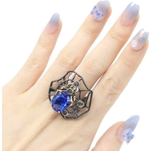 32x32mm Unique Neo-Gothic Spider 9.7g Created Violet Tanzanite Hiphop Street Cool Black Metal Silver Rings Highly Recommend