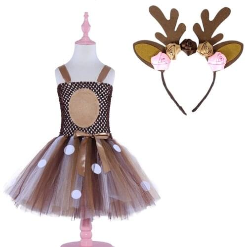 Cute Deer Infant Christmas Dresses With Headband Girls Kids Tulle Tutu Dress Dotted Girl Dress Christmas Dress Up Girl Clothing