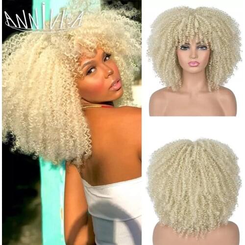 Annivia 14" Afro Kinky Curly Wig With Bangs Blue Red White Synthetic Ombre Glueless Cosplay Lolita Wigs For Black Women