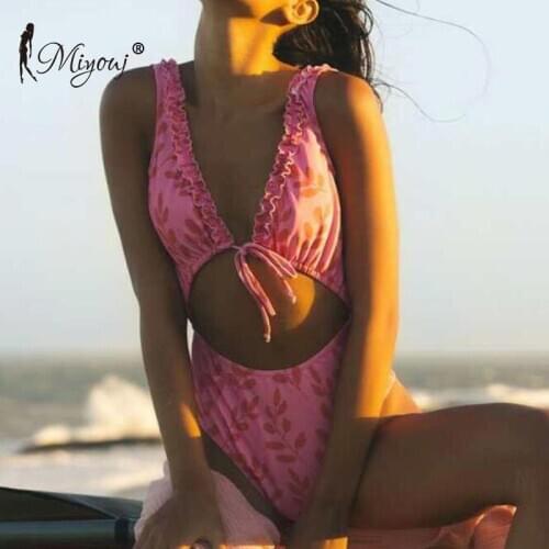 Miyouj Deep V Neck Swimsuit Patchwork Print Beachwear Mujer 2021 Cut Out Swimming Suit High Waist One-Piece Suits Fashion Wear