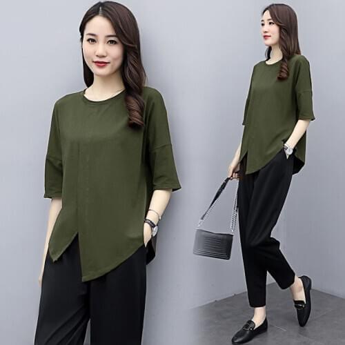 2020 New Summer Middle Aged Women Cotton Fashion Tracksuit Causal O Neck Two Piece Slim Suit Plus Size 4XL Pants Set W211