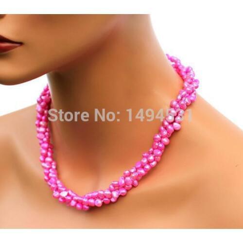 Wholesale Pearl Jewelry - 3 Rows Hot Pink Natural Freshwater Pearl Necklace Earrings- Handmade Jewelry Set - New Free Shipping