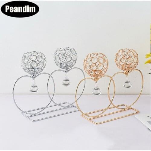 PEANDIM European 2 Arms Decorative Crystal Candle Holders Heart Candle Stand Wedding Candleabra For Romantic Candlelight Dinner
