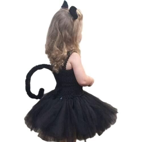 Little Girls Halloween Black Spider Cat Tutu Dress with Hair Accessories Sleevelss Crochet Cartoon Cosplay Costume 2-10Y