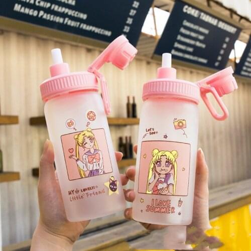 500ml Transparent Plastic Bottle Cartoon Frosted Water Bottles Eco-Friendly Plastic Cup Cute Cups Children Leak-Proof Student