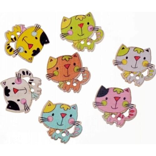 Free Shipping 10Pcs Random Mixed Lovely Cat Style 2 Holes Wood Sewing Buttons Nature Back Scrapbooking 24x23mm F1742