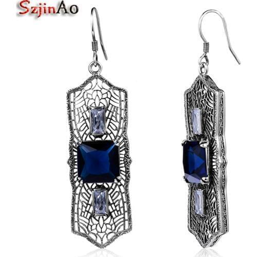Szjinao Sapphire Earrings For Women Bijouterie Real 925 Sterling Silver Long Earrings Vintage Style Fashion Jewellery Wedding